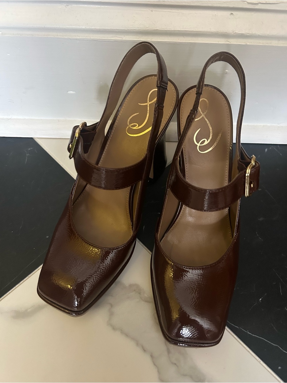 Sam Edelman Brown Patent Slingback Mary Jane Heels